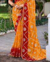 Vishal Prints Pumpkin Orange And Milano Red Printed Chiffon Traditional Print Saree With Foil Print And Fancy Border