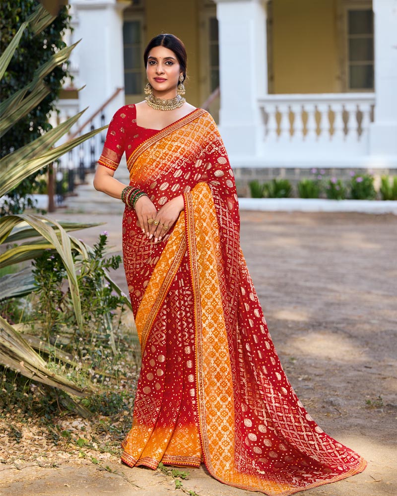 Vishal Prints Dusty Orange And Shiraz Red Printed Chiffon Traditional Print Saree With Foil Print And Fancy Border