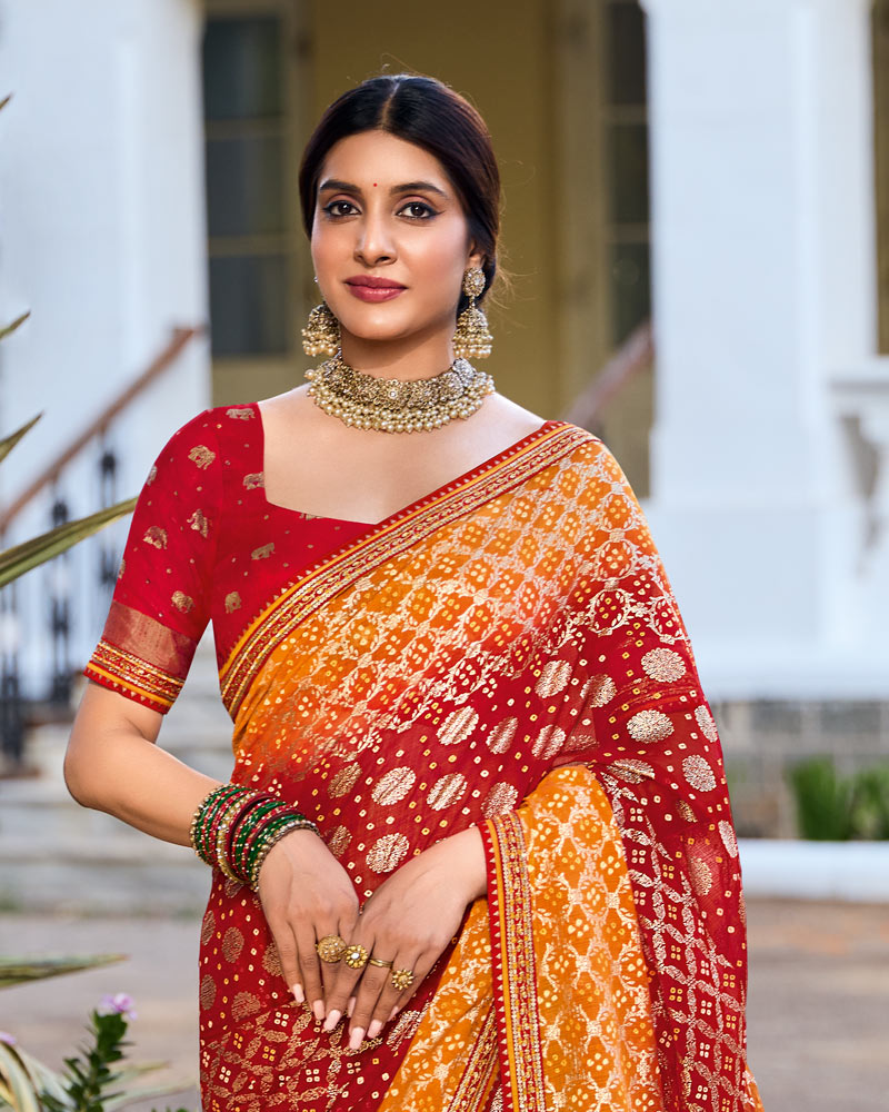 Vishal Prints Dusty Orange And Shiraz Red Printed Chiffon Traditional Print Saree With Foil Print And Fancy Border