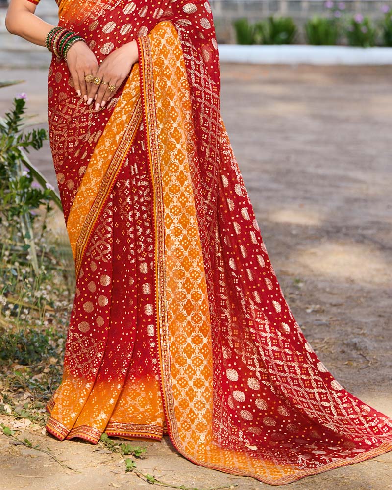 Vishal Prints Dusty Orange And Shiraz Red Printed Chiffon Traditional Print Saree With Foil Print And Fancy Border