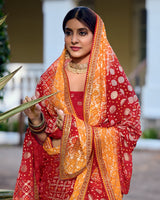 Vishal Prints Dusty Orange And Shiraz Red Printed Chiffon Traditional Print Saree With Foil Print And Fancy Border