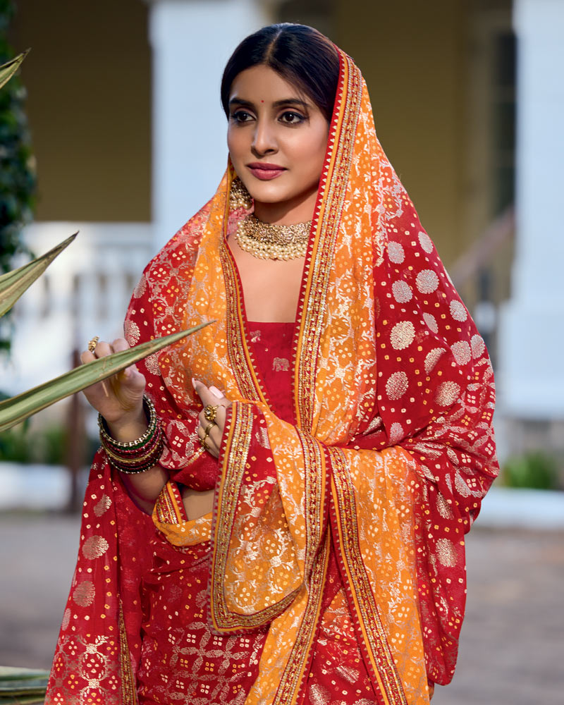 Vishal Prints Dusty Orange And Shiraz Red Printed Chiffon Traditional Print Saree With Foil Print And Fancy Border