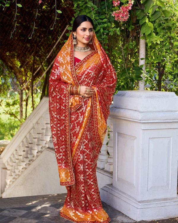 Vishal Prints Flame Orange And Chili Red Printed Chiffon Traditional Print Saree With Foil Print And Fancy Border