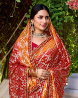 Vishal Prints Flame Orange And Chili Red Printed Chiffon Traditional Print Saree With Foil Print And Fancy Border