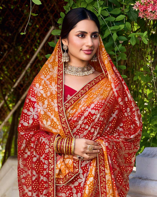 Vishal Prints Flame Orange And Chili Red Printed Chiffon Traditional Print Saree With Foil Print And Fancy Border