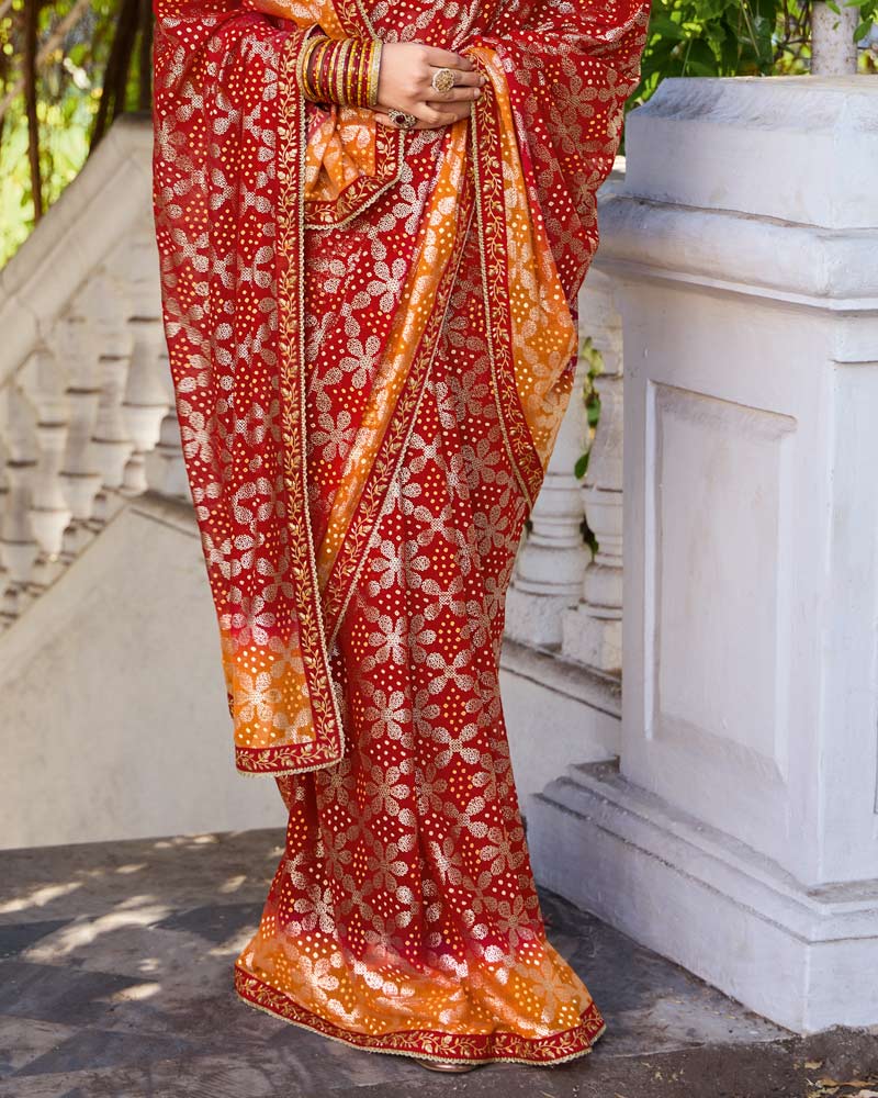 Vishal Prints Flame Orange And Chili Red Printed Chiffon Traditional Print Saree With Foil Print And Fancy Border