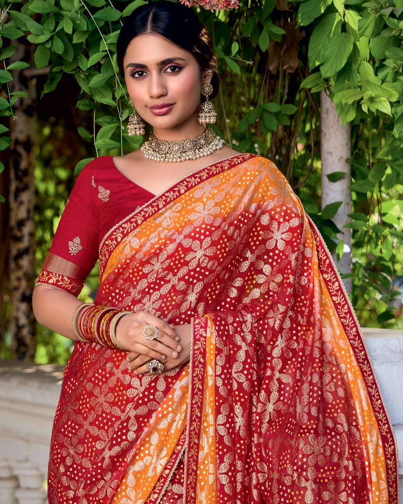 Vishal Prints Flame Orange And Chili Red Printed Chiffon Traditional Print Saree With Foil Print And Fancy Border