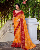 Vishal Prints Dark Orange And Scarlet Red Printed Chiffon Traditional Print Saree With Foil Print And Fancy Border