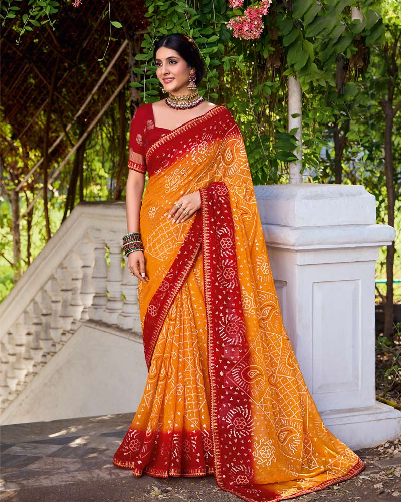 Vishal Prints Dark Orange And Scarlet Red Printed Chiffon Traditional Print Saree With Foil Print And Fancy Border