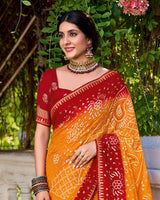 Vishal Prints Dark Orange And Scarlet Red Printed Chiffon Traditional Print Saree With Foil Print And Fancy Border