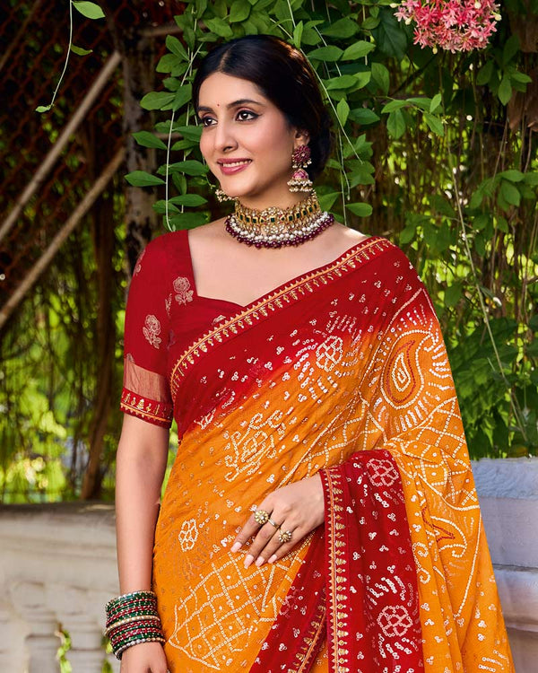Vishal Prints Dark Orange And Scarlet Red Printed Chiffon Traditional Print Saree With Foil Print And Fancy Border