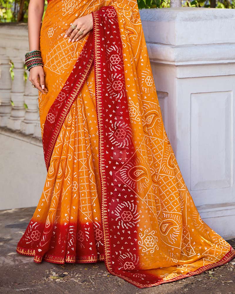 Vishal Prints Dark Orange And Scarlet Red Printed Chiffon Traditional Print Saree With Foil Print And Fancy Border