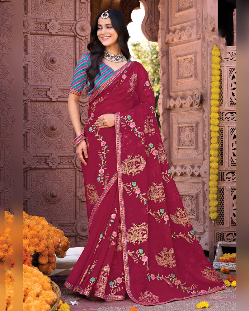Vishal Prints Vivid Burgundy Designer Fancy Chiffon Saree With Embroidery-Diamond Work And Fancy Border