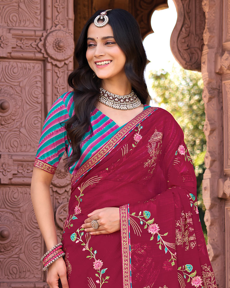 Vishal Prints Vivid Burgundy Designer Fancy Chiffon Saree With Embroidery-Diamond Work And Fancy Border