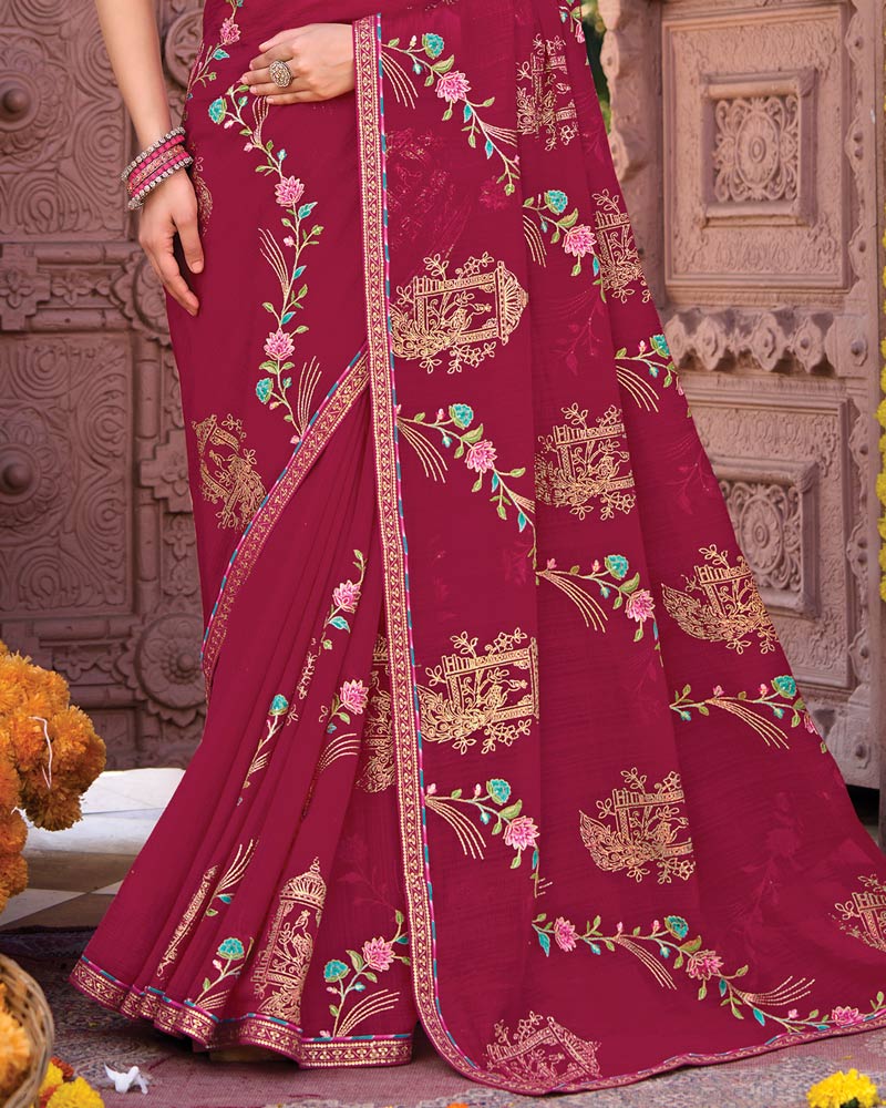 Vishal Prints Vivid Burgundy Designer Fancy Chiffon Saree With Embroidery-Diamond Work And Fancy Border
