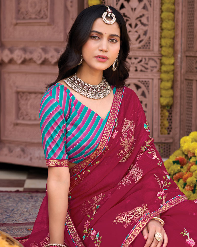 Vishal Prints Vivid Burgundy Designer Fancy Chiffon Saree With Embroidery-Diamond Work And Fancy Border