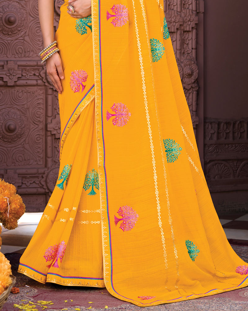 Vishal Prints Sunshade Yellow Designer Fancy Chiffon Saree With Embroidery-Diamond Work And Fancy Border