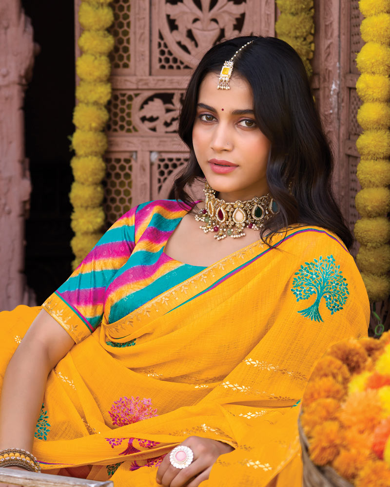 Vishal Prints Sunshade Yellow Designer Fancy Chiffon Saree With Embroidery-Diamond Work And Fancy Border