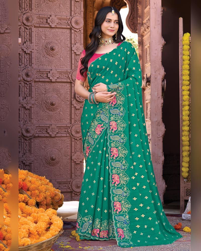 Vishal Prints Pine Green Designer Fancy Chiffon Saree With Embroidery-Diamond Work And Cut Work Border