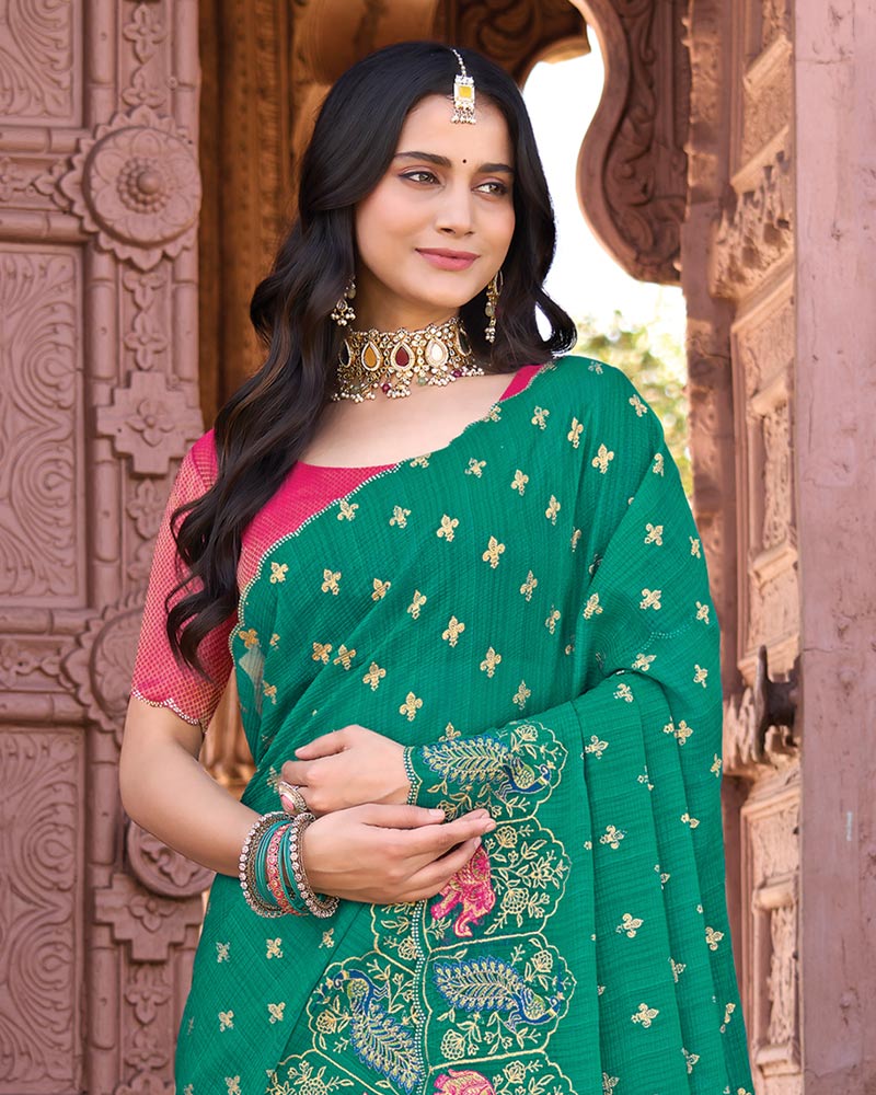 Vishal Prints Pine Green Designer Fancy Chiffon Saree With Embroidery-Diamond Work And Cut Work Border
