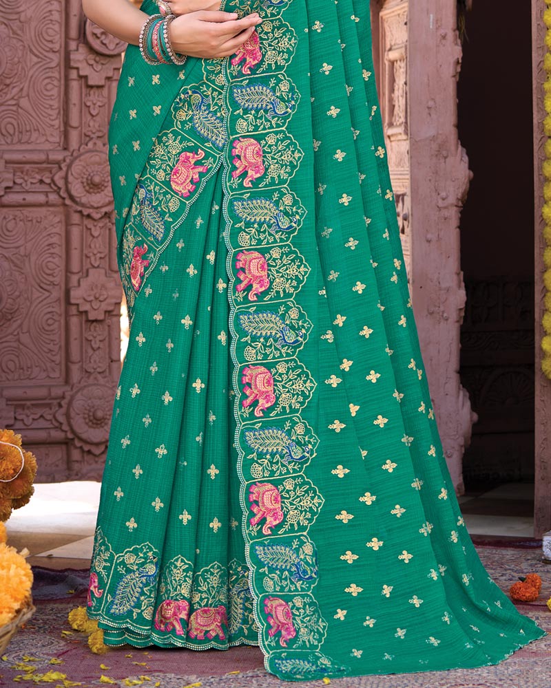 Vishal Prints Pine Green Designer Fancy Chiffon Saree With Embroidery-Diamond Work And Cut Work Border