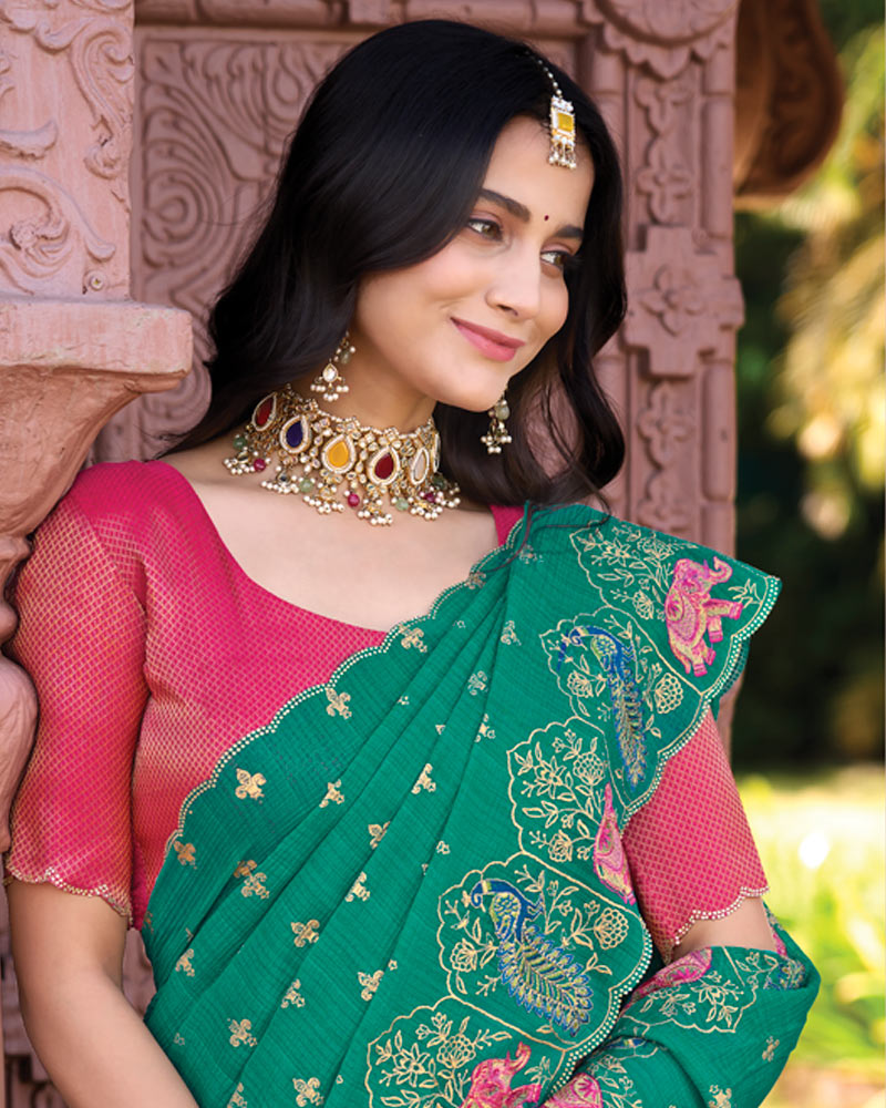 Vishal Prints Pine Green Designer Fancy Chiffon Saree With Embroidery-Diamond Work And Cut Work Border