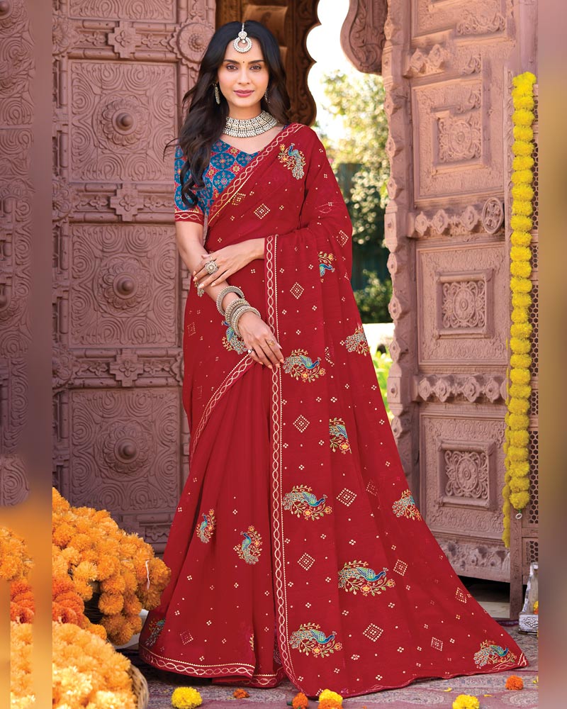 Vishal Prints Dark Brick Red Designer Fancy Chiffon Saree With Embroidery-Diamond Work And Fancy Border