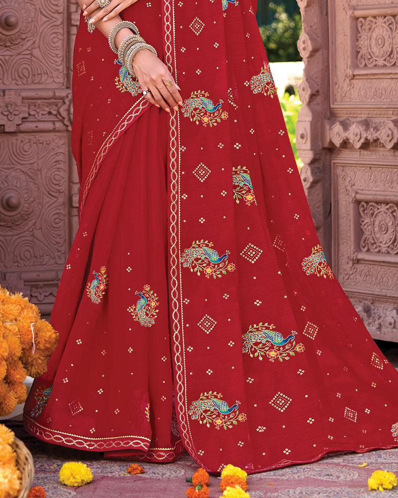 Vishal Prints Dark Brick Red Designer Fancy Chiffon Saree With Embroidery-Diamond Work And Fancy Border