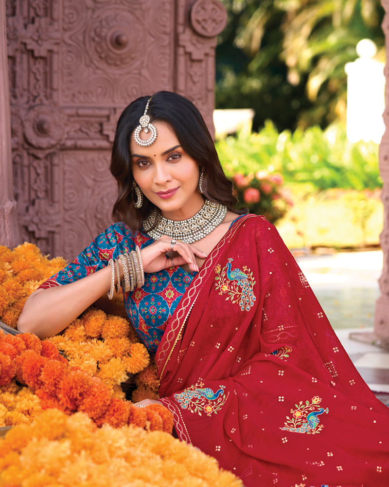 Vishal Prints Dark Brick Red Designer Fancy Chiffon Saree With Embroidery-Diamond Work And Fancy Border