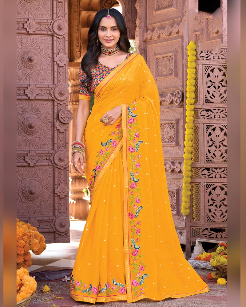 Vishal Prints Yellowish Orange Designer Fancy Chiffon Saree With Embroidery-Diamond Work And Fancy Border