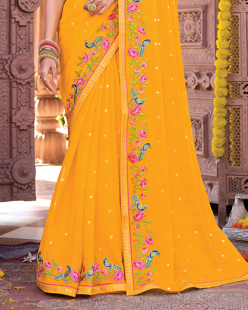 Vishal Prints Yellowish Orange Designer Fancy Chiffon Saree With Embroidery-Diamond Work And Fancy Border