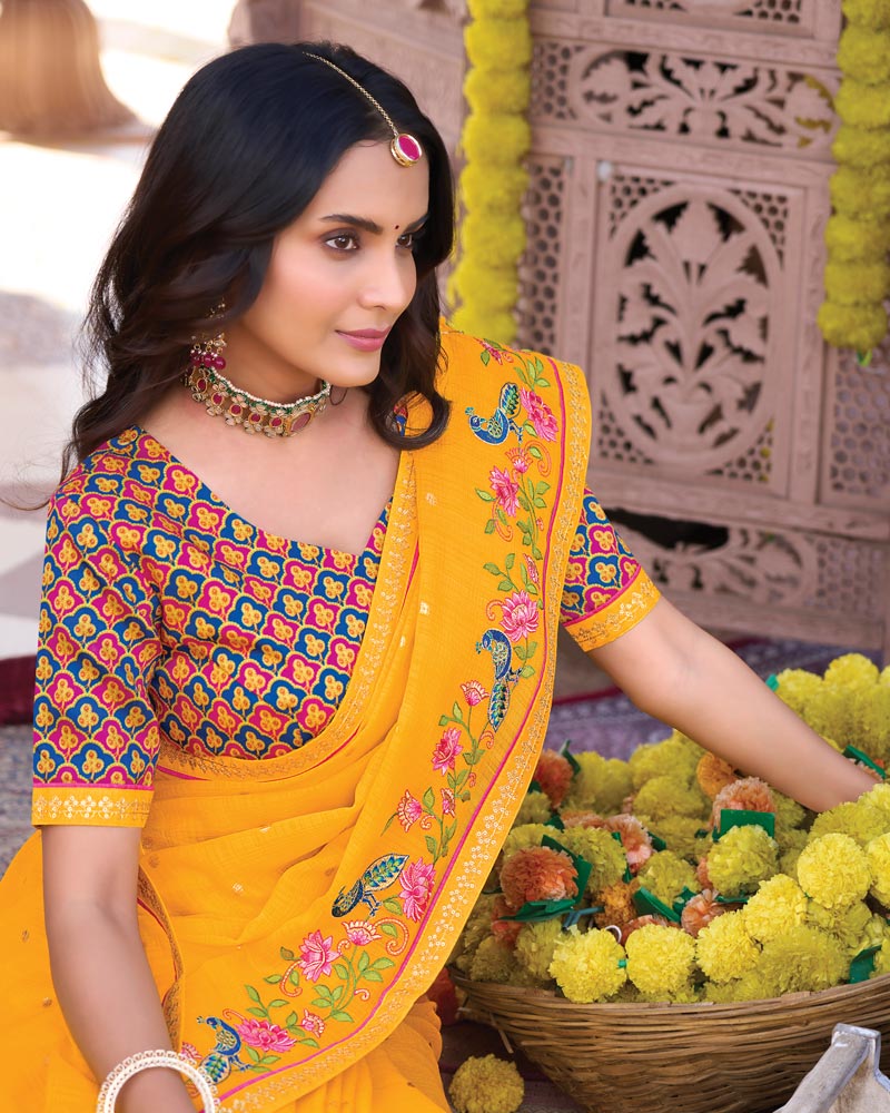 Vishal Prints Yellowish Orange Designer Fancy Chiffon Saree With Embroidery-Diamond Work And Fancy Border