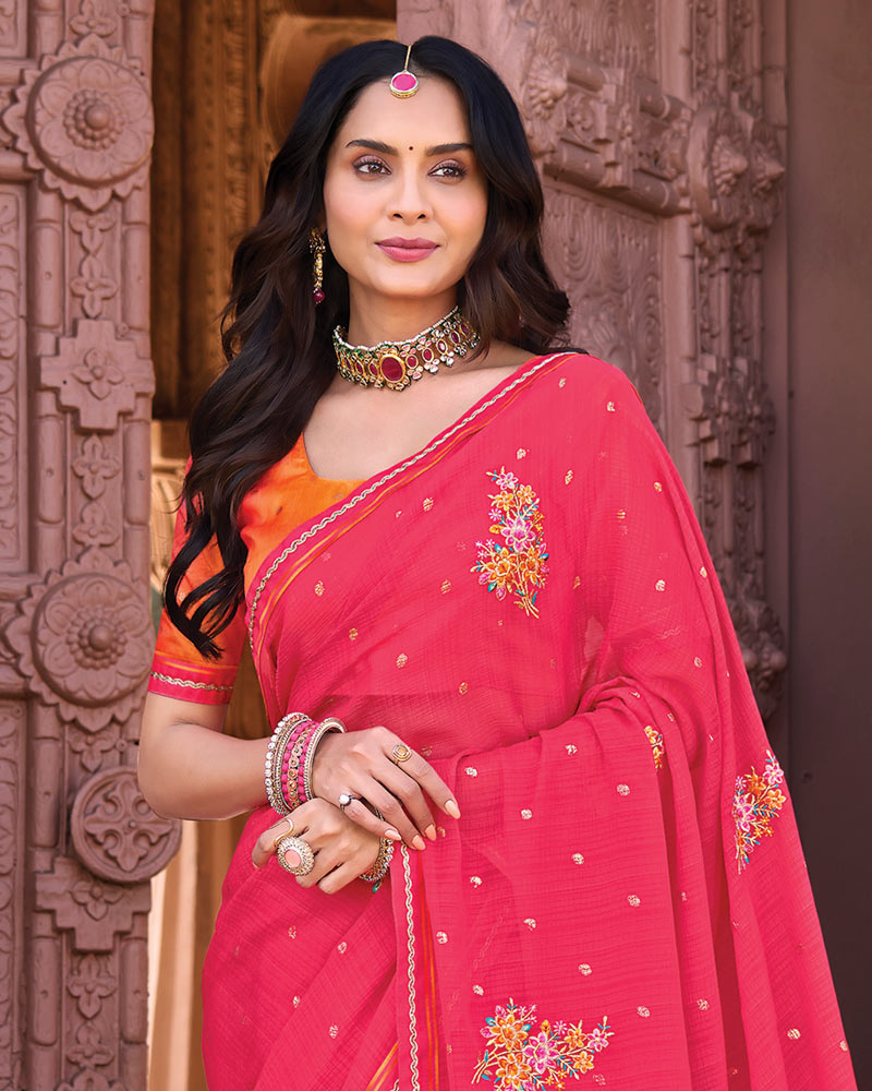 Vishal Prints Radical Pink Designer Fancy Chiffon Saree With Embroidery-Diamond Work And Fancy Border