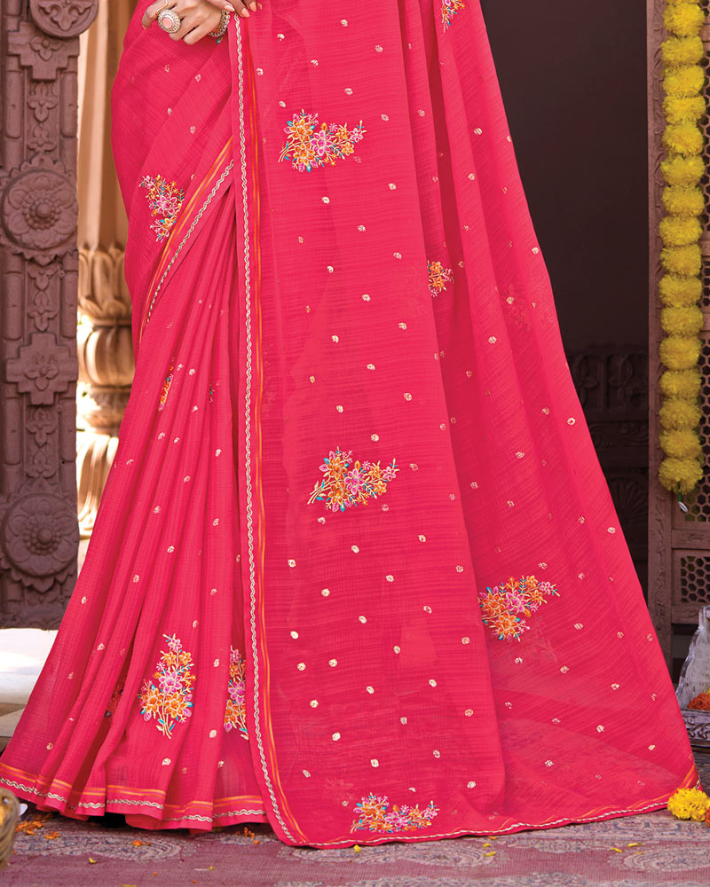 Vishal Prints Radical Pink Designer Fancy Chiffon Saree With Embroidery-Diamond Work And Fancy Border