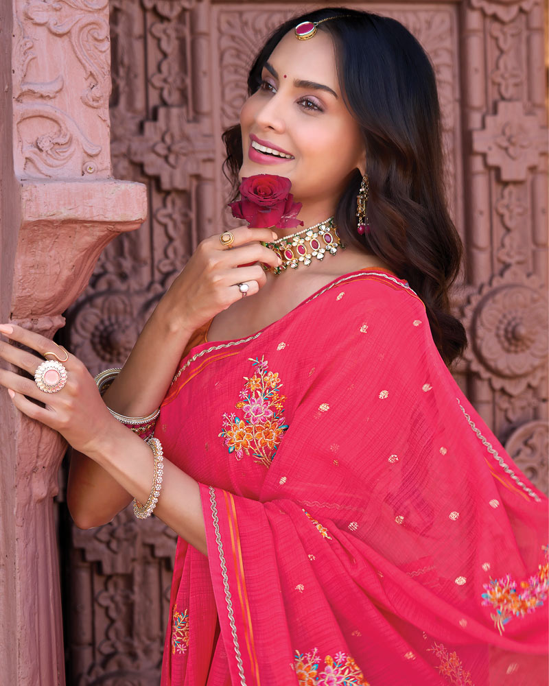 Vishal Prints Radical Pink Designer Fancy Chiffon Saree With Embroidery-Diamond Work And Fancy Border