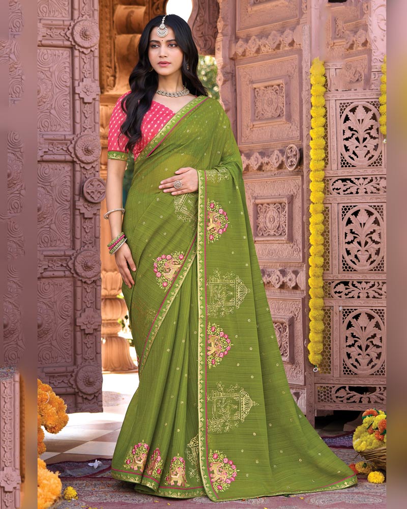 Vishal Prints Olive Green Designer Fancy Chiffon Saree With Embroidery-Diamond Work And Fancy Border