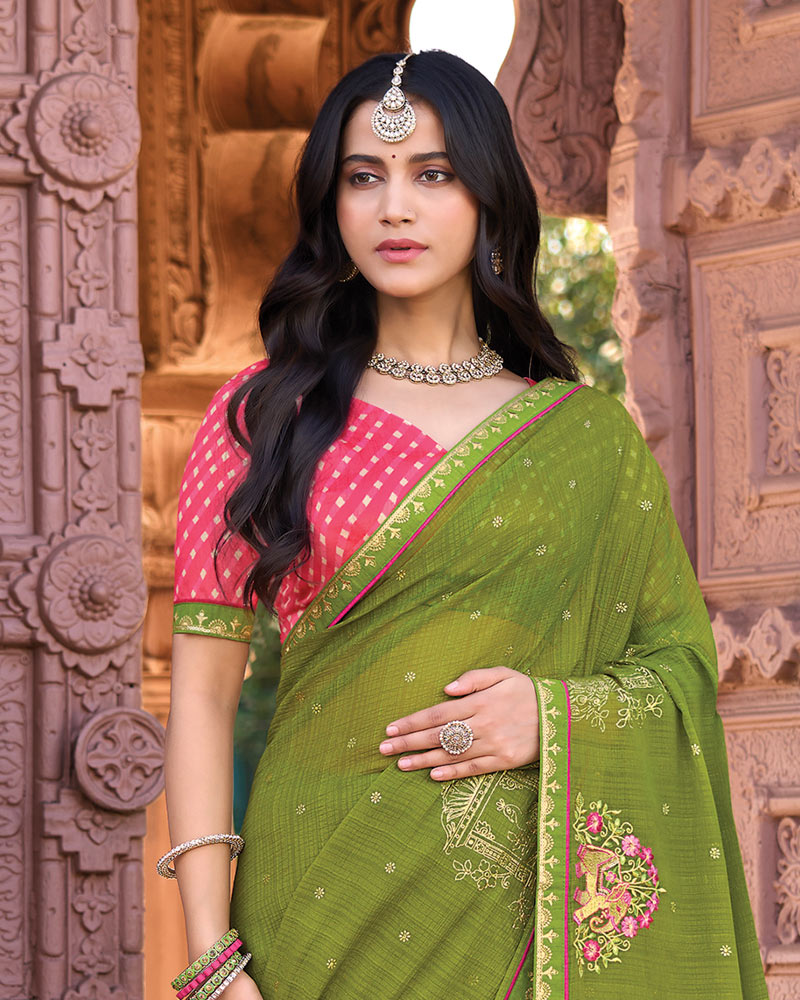 Vishal Prints Olive Green Designer Fancy Chiffon Saree With Embroidery-Diamond Work And Fancy Border