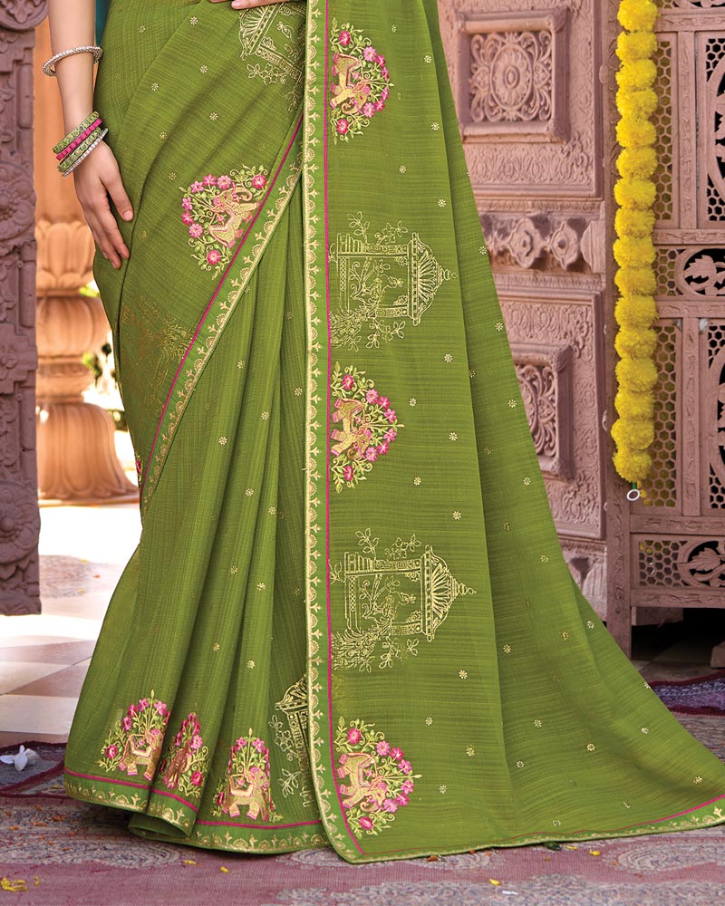 Vishal Prints Olive Green Designer Fancy Chiffon Saree With Embroidery-Diamond Work And Fancy Border