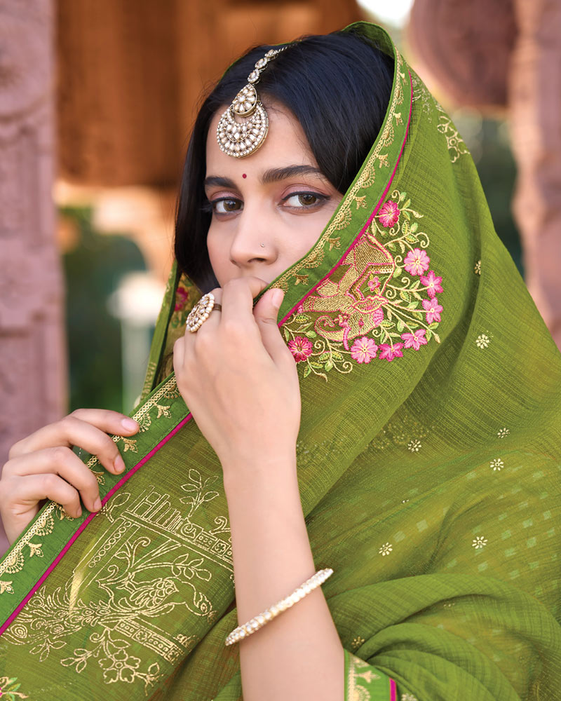 Vishal Prints Olive Green Designer Fancy Chiffon Saree With Embroidery-Diamond Work And Fancy Border