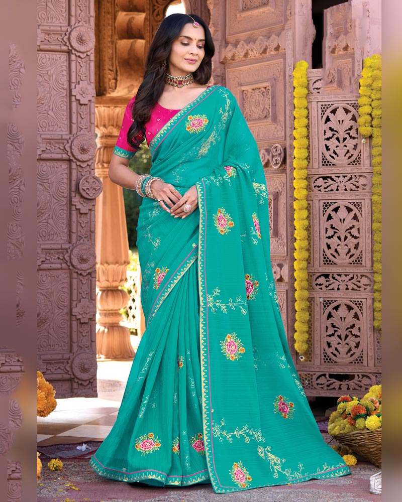 Vishal Prints Persian Green Designer Fancy Chiffon Saree With Embroidery-Diamond Work And Fancy Border