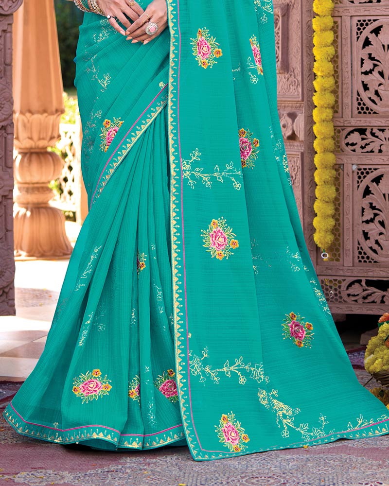 Vishal Prints Persian Green Designer Fancy Chiffon Saree With Embroidery-Diamond Work And Fancy Border
