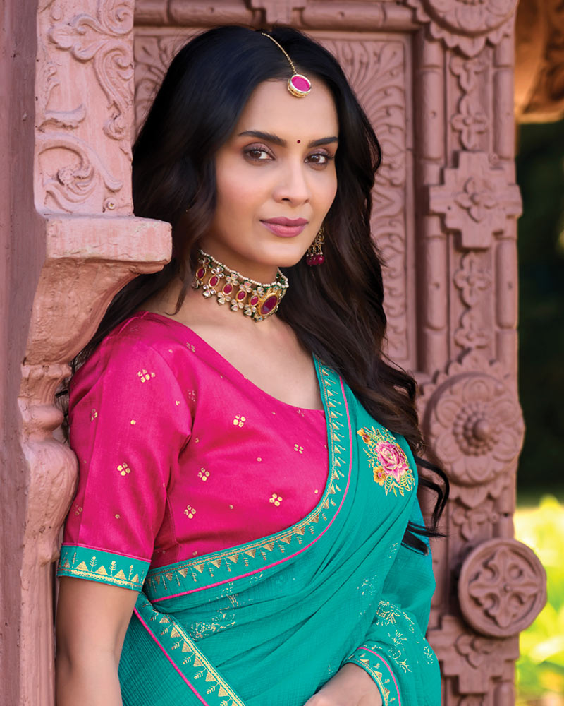 Vishal Prints Persian Green Designer Fancy Chiffon Saree With Embroidery-Diamond Work And Fancy Border