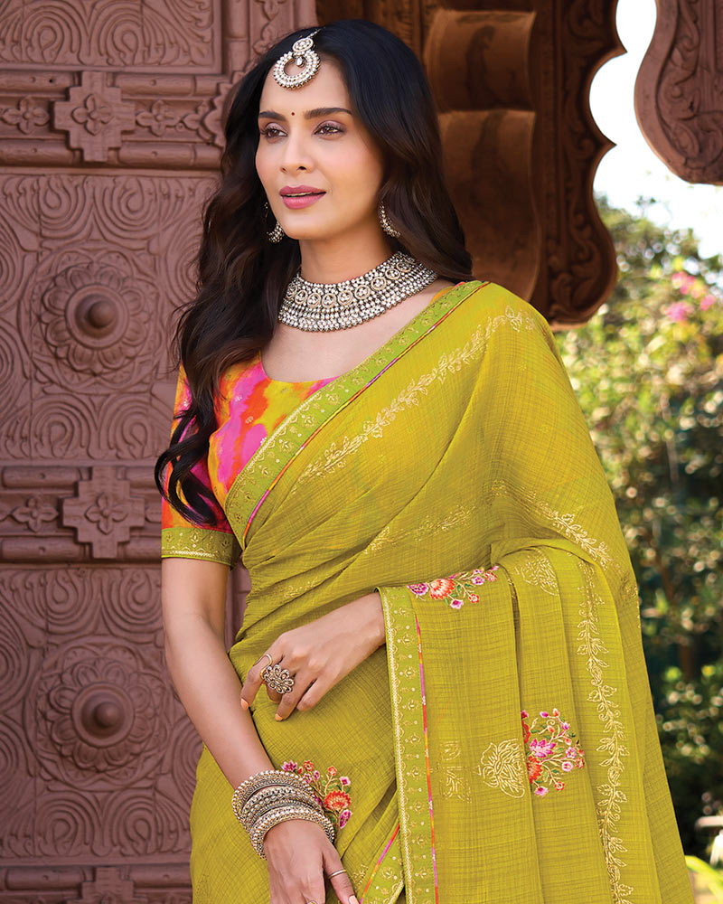 Vishal Prints Olive Yellow Designer Fancy Chiffon Saree With Embroidery-Diamond Work And Fancy Border