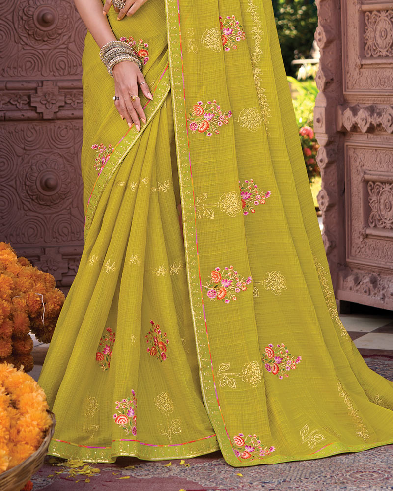 Vishal Prints Olive Yellow Designer Fancy Chiffon Saree With Embroidery-Diamond Work And Fancy Border
