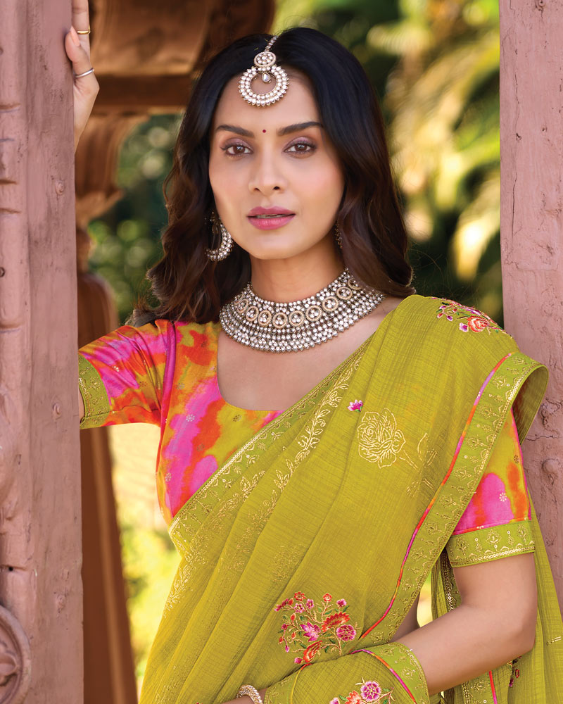 Vishal Prints Olive Yellow Designer Fancy Chiffon Saree With Embroidery-Diamond Work And Fancy Border