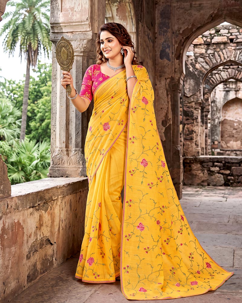 Vishal Prints Butterscotch Yellow Designer Fancy Chiffon Saree With Embroidery-Diamond Work And Fancy Border
