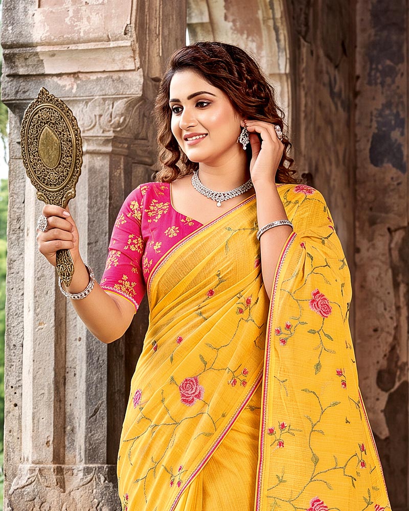Vishal Prints Butterscotch Yellow Designer Fancy Chiffon Saree With Embroidery-Diamond Work And Fancy Border