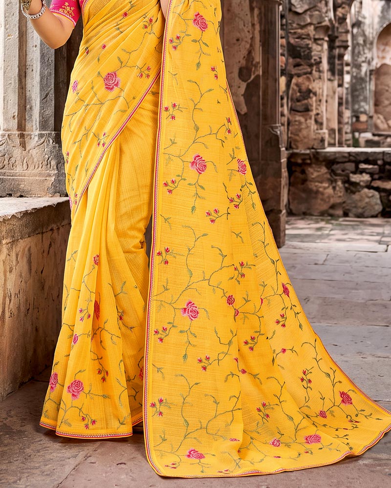 Vishal Prints Butterscotch Yellow Designer Fancy Chiffon Saree With Embroidery-Diamond Work And Fancy Border