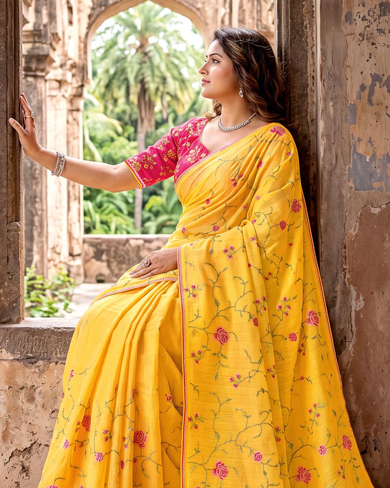Vishal Prints Butterscotch Yellow Designer Fancy Chiffon Saree With Embroidery-Diamond Work And Fancy Border