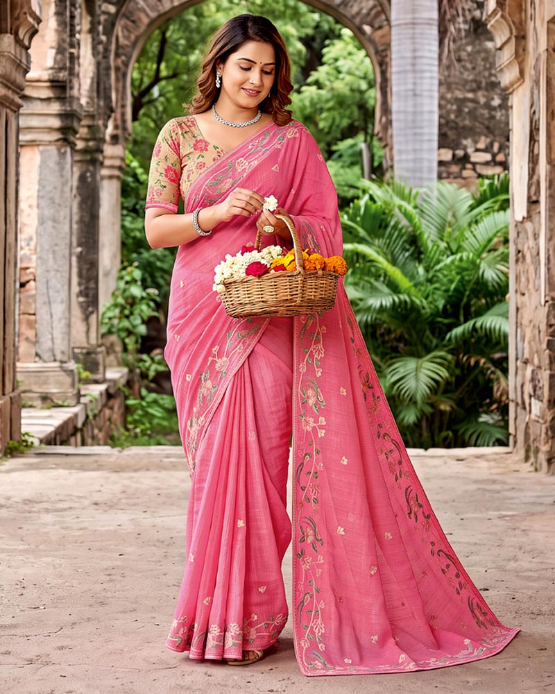Vishal Prints Rosy Pink Designer Fancy Chiffon Saree With Embroidery-Diamond Work And Fancy Border